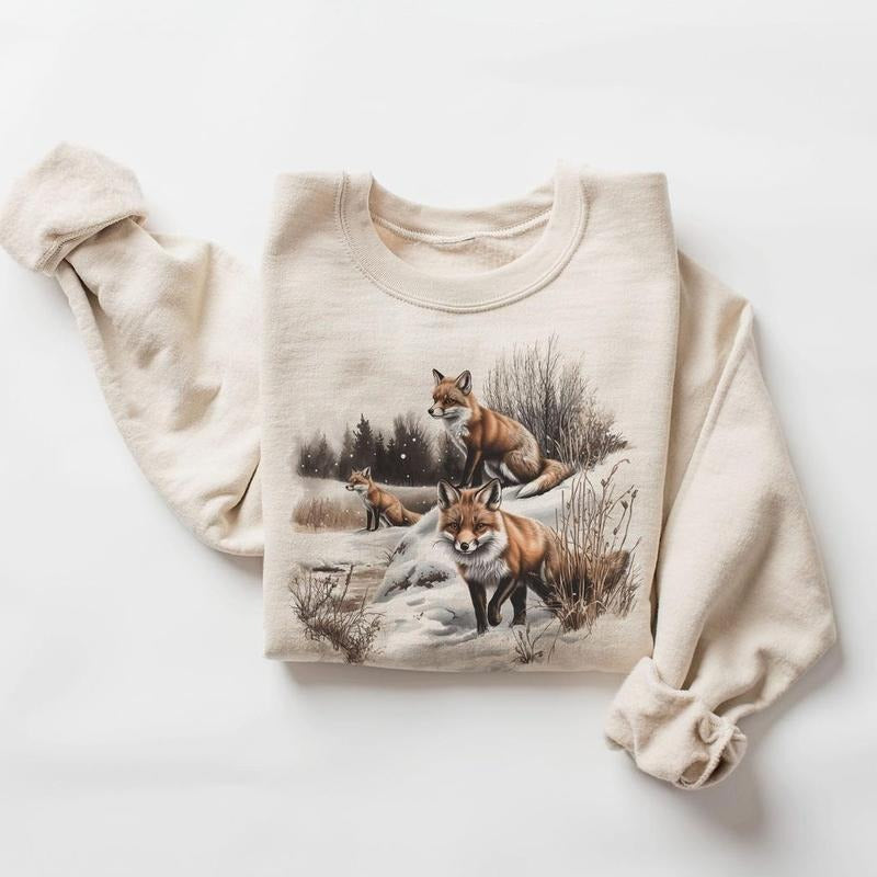 Retro Red Foxes Winter Scene Sweatshirt - 90s Fox Snowy Forest Wilderness Pullover Hoodie Cotton T-Shirts