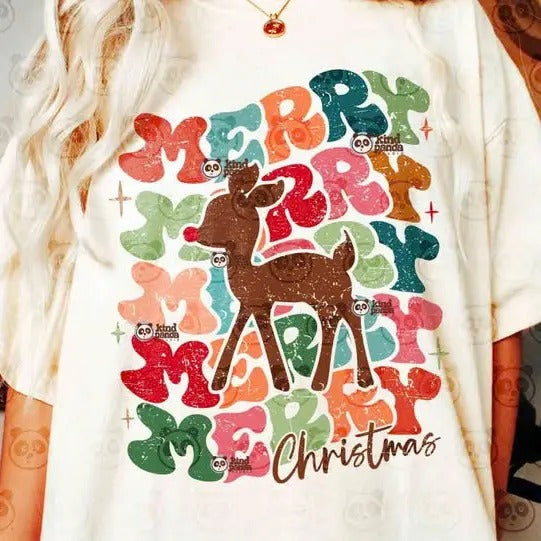 Retro Reindeer, Merry Christmas Christmas Sublimation T-Shirt Hoodie, Sweatshirt | RetroVerseTees.com