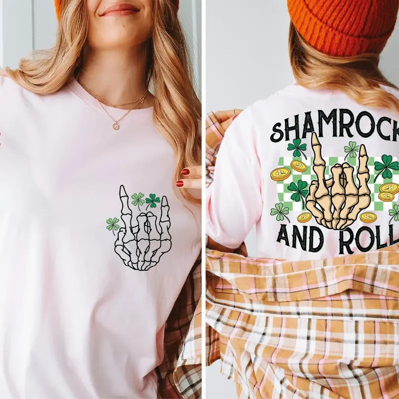 Retro Shamrock And Roll Shirt St Patrick's Day Shirt Funny Skeleton Hand St Patrick's Day Shirt Shamrock Shirt Rocker...