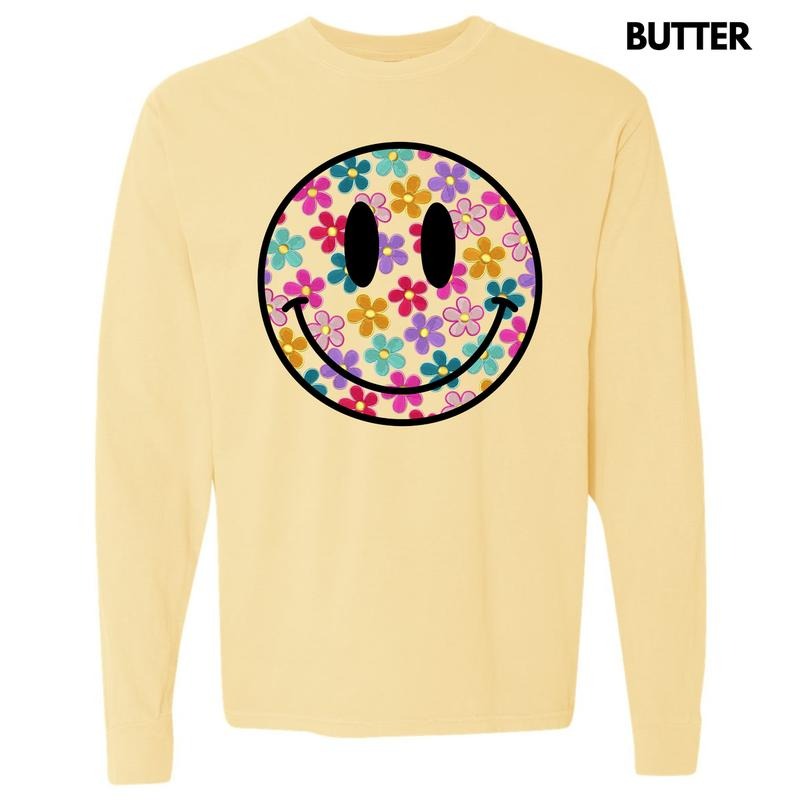 Retro Smiles & Flowers Long Sleeve Comfort Colors T-Shirt 'NLB' Hoodie, Sweatshirt | RetroVerseTees.com