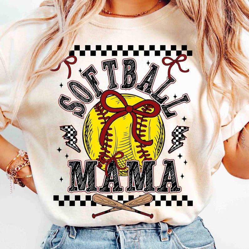 Retro Softball Mama Checkered Tshirt, Softball Mama Shirt, Softball Coquette Bow Tee Hoodie, Sweatshirt | RetroVerseTees.com