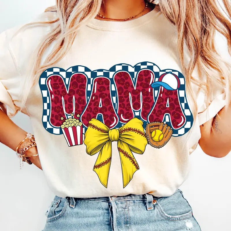 Retro Softball Mama T-Shirt, Leopard Mama Softball Shirt, Game Day T-Shirt, Checkered Softball Coquette Bow Shirt,...