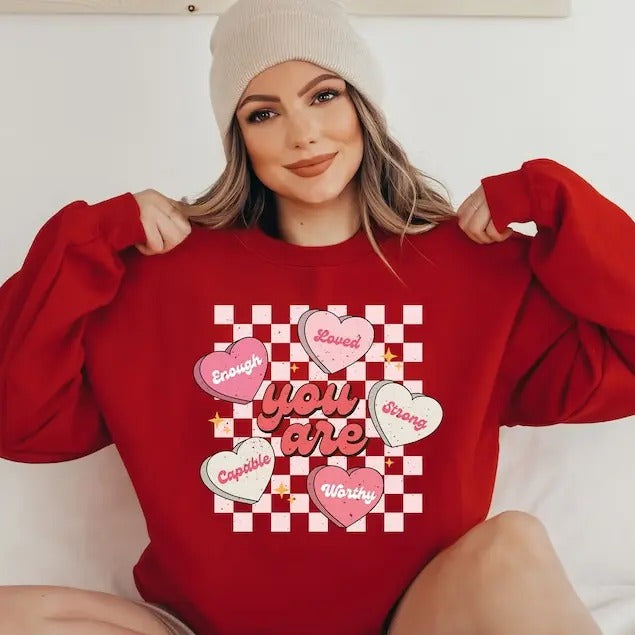 Retro Valentines Sweatshirt, Love Vibes, Valentines Day, Love , Womens Love Sweatshirt, Red Crewneck, You Are Enough,...