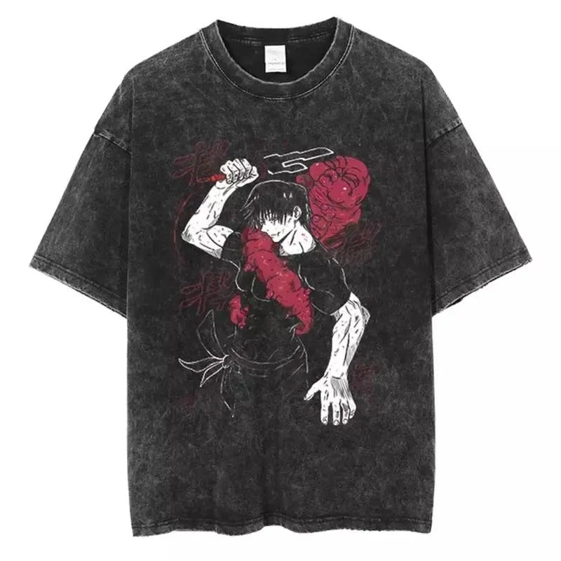 Retro Washed T-shirt Jujutsu Kaisen Fushiguro Megumi Fashion Short Sleeves Hoodie, Sweatshirt | RetroVerseTees.com