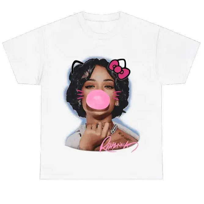 Ri Rihannaa Pink Kitty Big Face Casual Tee Cotton Fabric Hoodie, Sweatshirt | RetroVerseTees.com