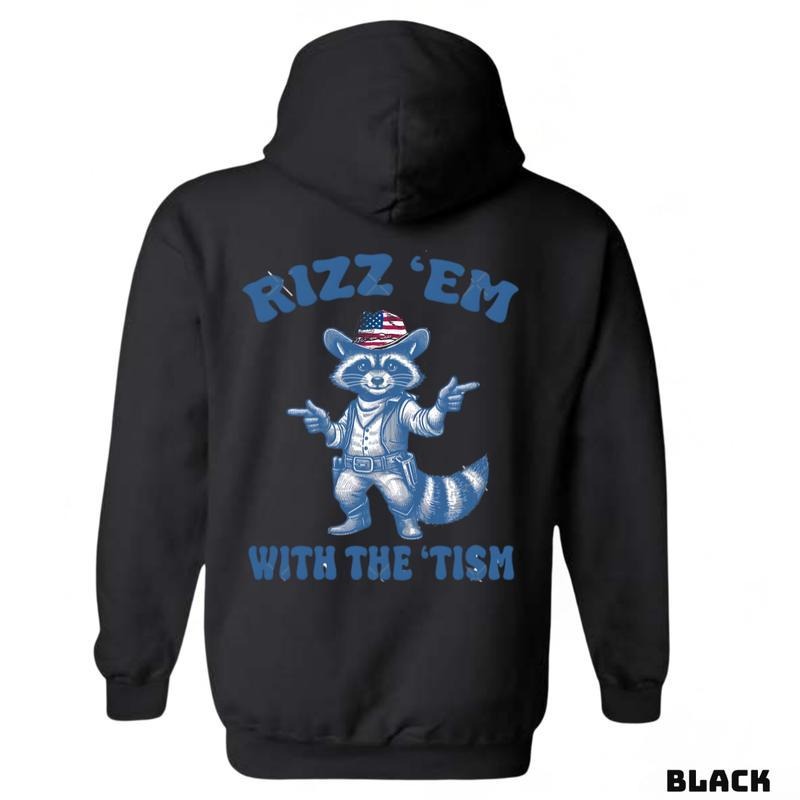 Rizz 'Em With The 'Tism sweatshirt-tshirt-hoodie, Featuring a raccoon wearing an American cowboy hat and sunglasses,...