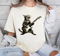 Rock Cat Playing Guitar Shirt Retro Funny Design 100% Cotton Full Color Women'WB shield Streetwear Casual Round Neck...