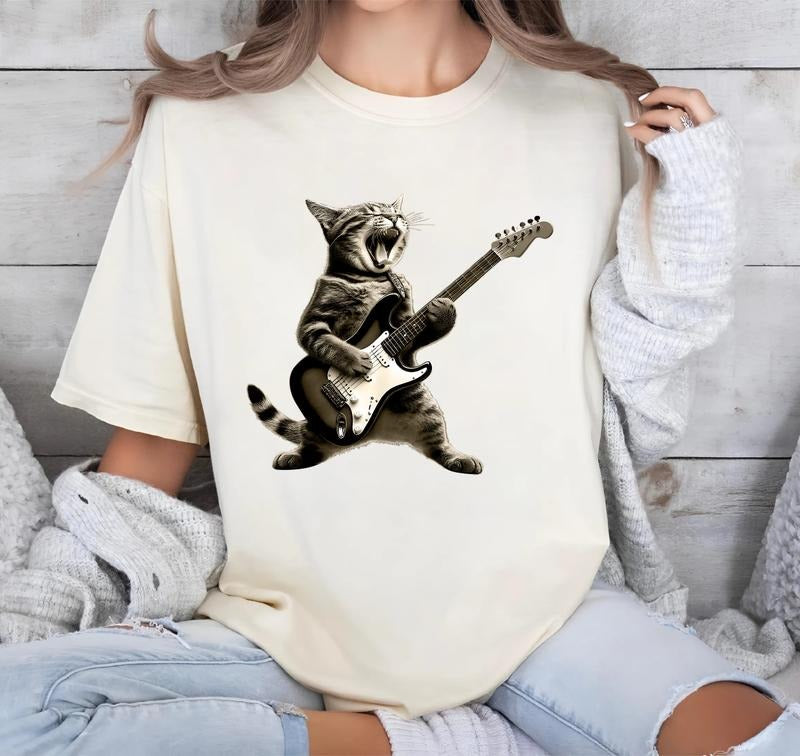 Rock Cat Playing Guitar Shirt Retro Funny Design 100% Cotton Full Color Women'WB shield Streetwear Casual Round Neck...