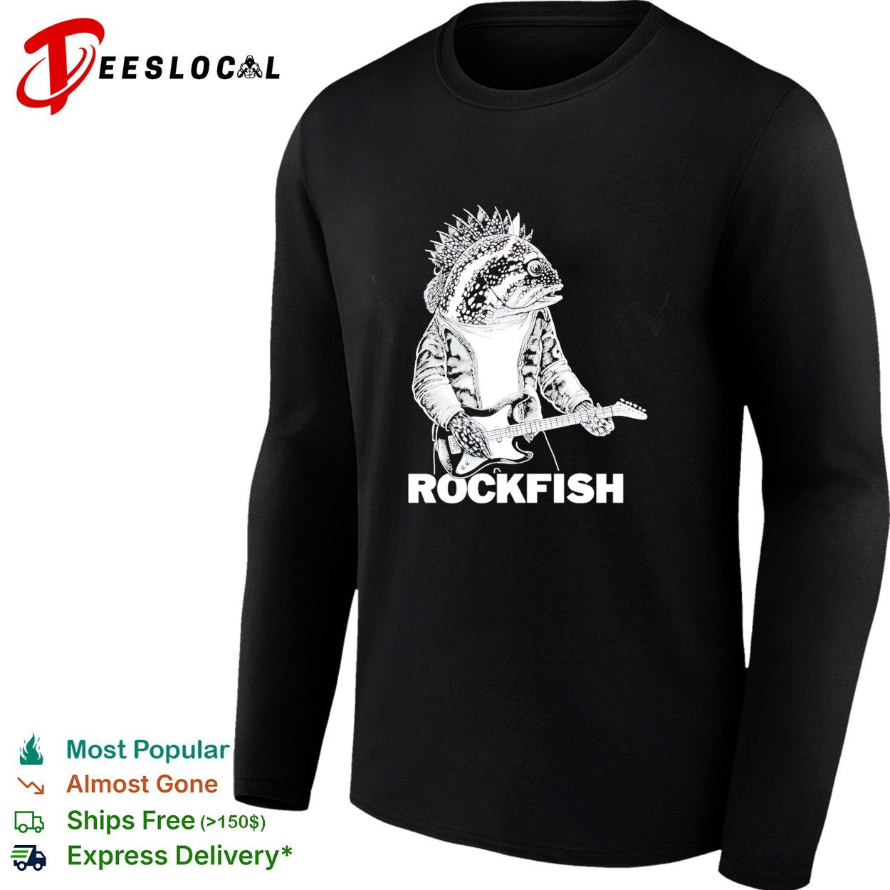 Rockfish wearing jacket playing electric guitar shirt
