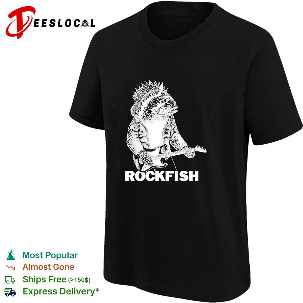 Rockfish wearing jacket playing electric guitar shirt