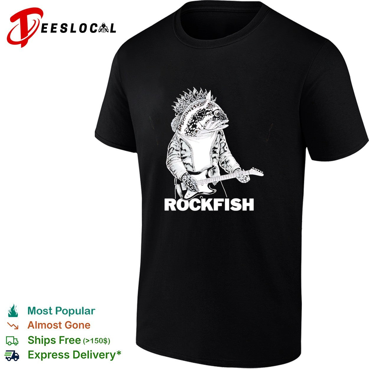 Rockfish wearing jacket playing electric guitar shirt