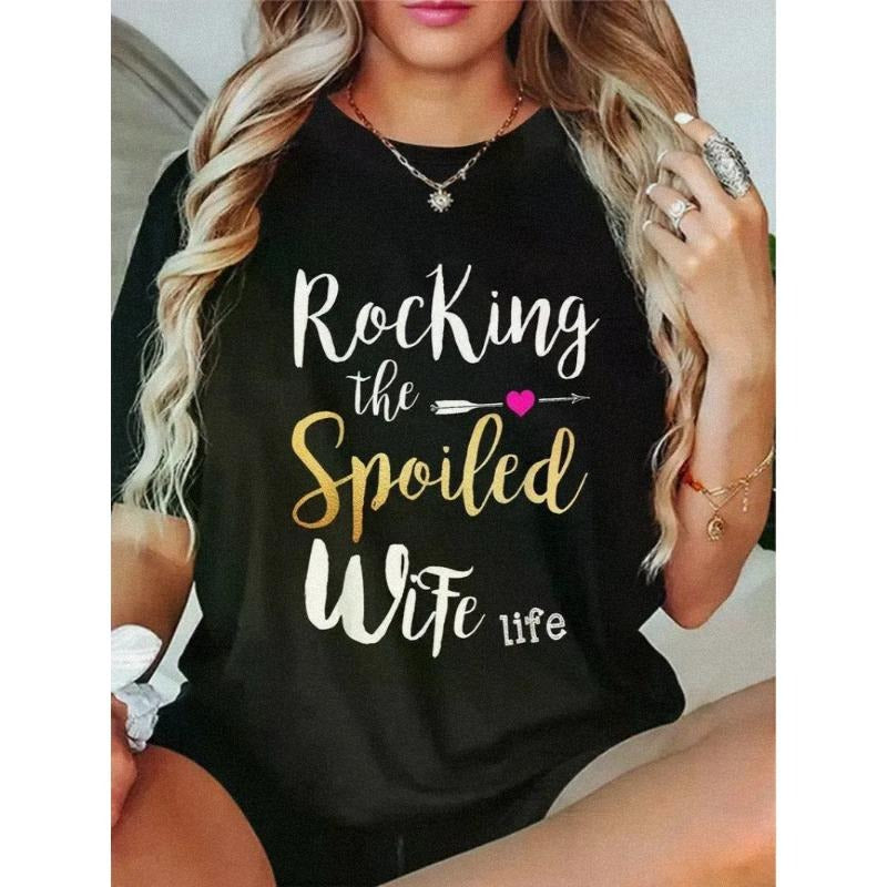 Rocking TNF Spoiled Wife Life - Women'WB shield Graphic T-Shirt Casual Summer Tee with Heart Gunpla brand Stripe Design...