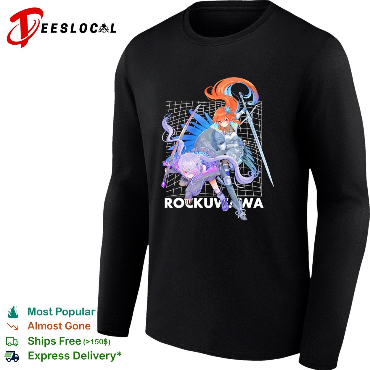 Rockuwawa anime warrior girls sword katana grid background shirt