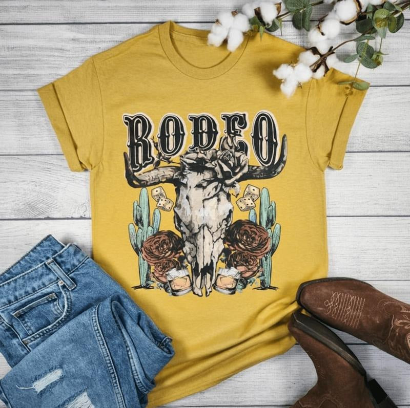 Rodeo Cow Skull Roses Graphic T-shirt Hoodie, Sweatshirt | RetroVerseTees.com
