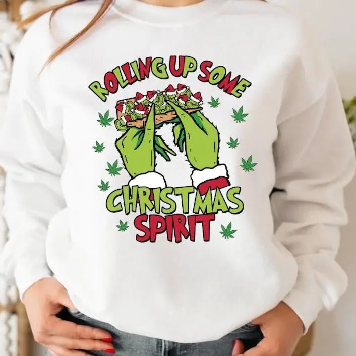 Rolling Up Some Christmas Spirit SweatShirt T Shirt, G.r.ii.ch.mas Shirt For Sale, Retro Christmas Sweatshirt, Christmas...