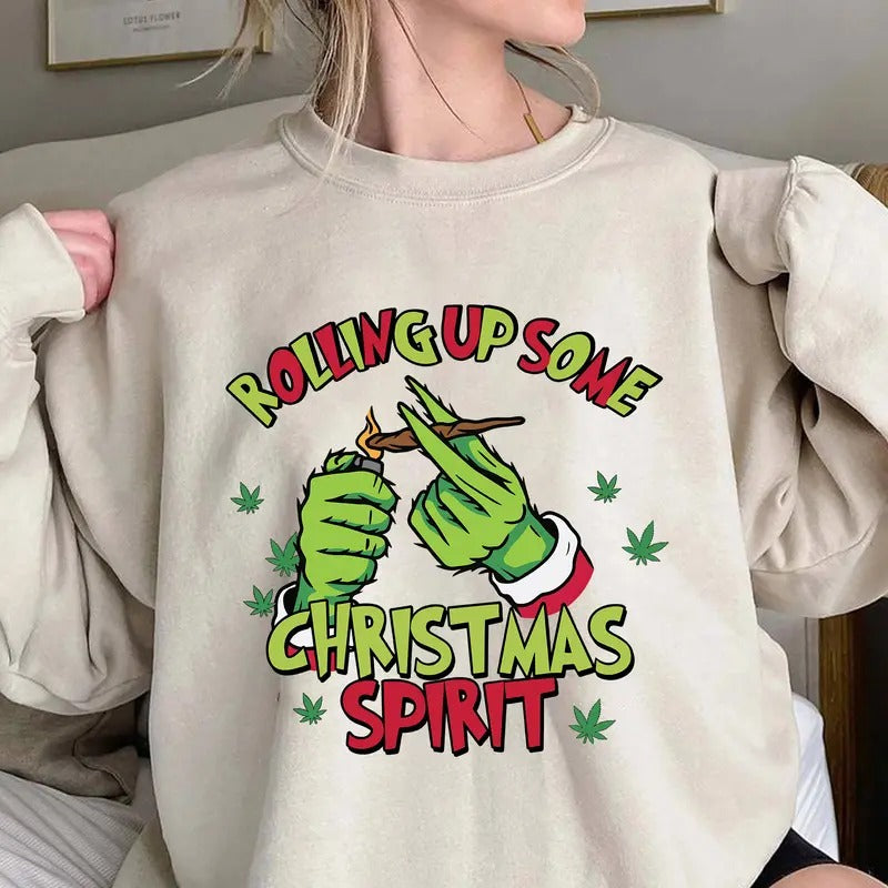 Rolling Up Some Christmas Spirit SweatShirt, G.r.ii.ch.mas Shirt For Sale, Retro Christmas Sweatshirt, Christmas...