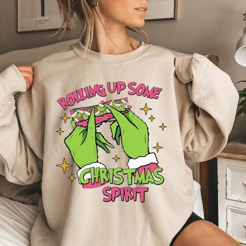 Rolling Up Some Christmas Spirit Sweatshirt, Funny Christmas Grin Shirt, Holiday Spirit Sweater, Vintage Trendy Xmas...