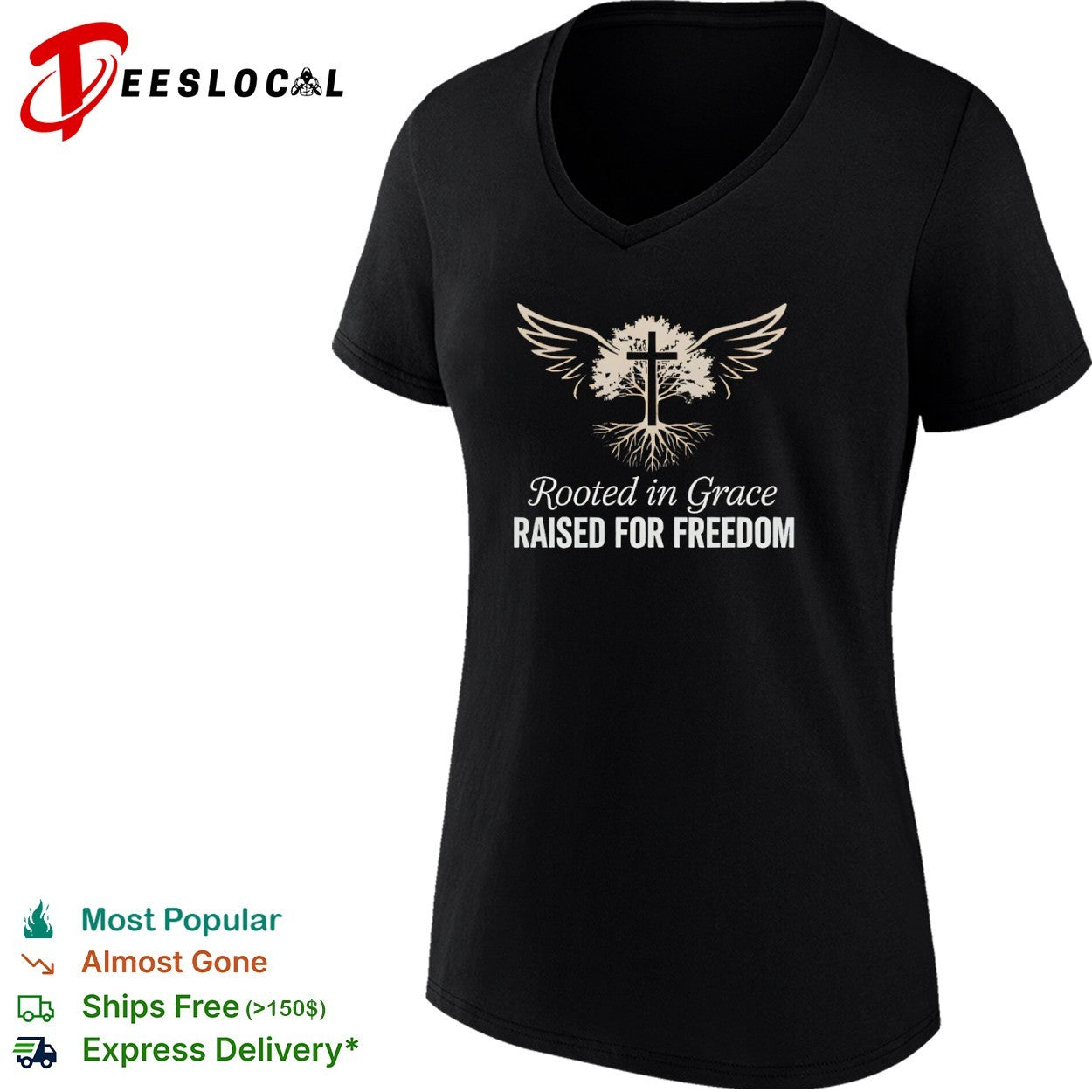 Rooted in Grace Raised for Freedom Cross Tree Wings Faith Religious Christian shirt