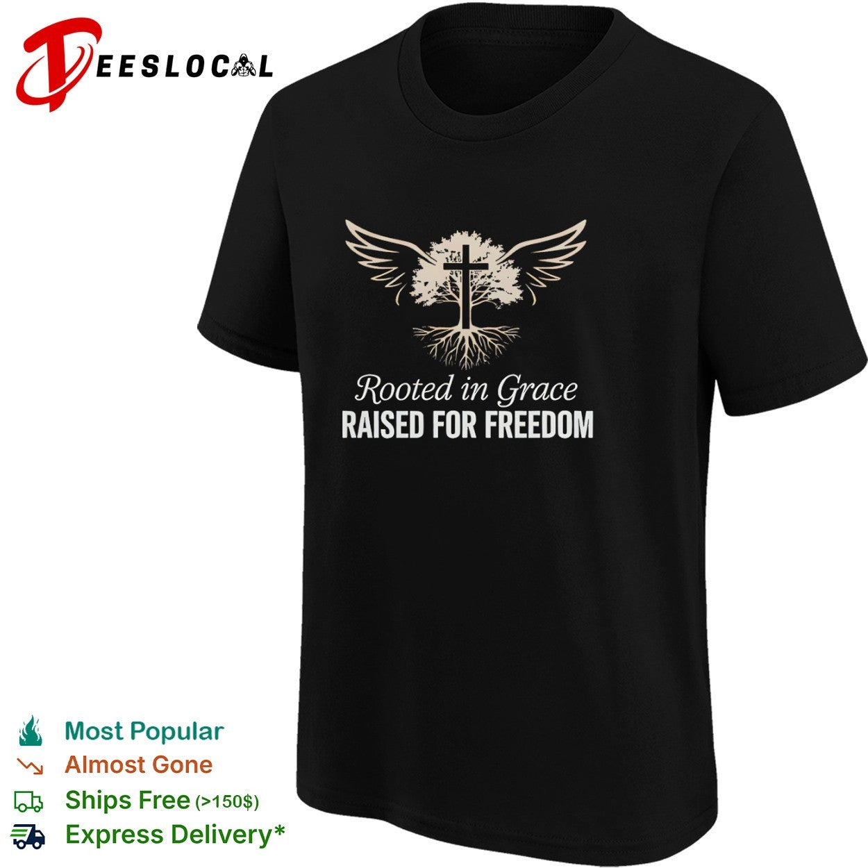 Rooted in Grace Raised for Freedom Cross Tree Wings Faith Religious Christian shirt