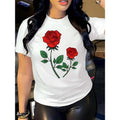 Rose Flower Pattern Printed Women'WB shield T-shirt - Summer Women'WB shield Fashionable Casual Sports Fitness...