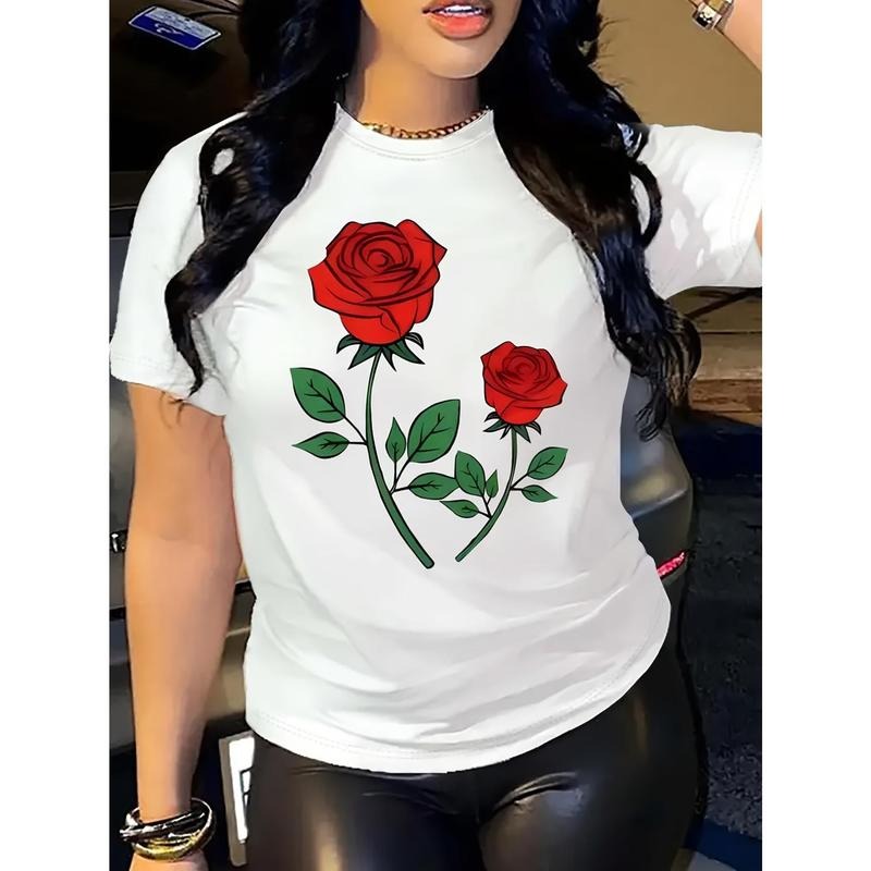 Rose Flower Pattern Printed Women'WB shield T-shirt - Summer Women'WB shield Fashionable Casual Sports Fitness...
