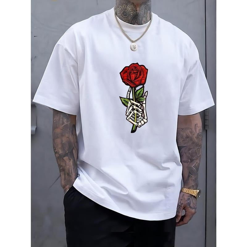 Rose Pattern Print Men's New Round Crew Neck Short Sleeve Tee, Fashion T-Shirt, Comfy Breathable Casual Sports Top For Spring Summer Holiday Leisure Vacation Made in USA