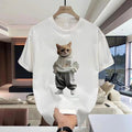 Round Neck Short Sleeve Cartoon Cat Print T-Shirt Men's Trendy Casual Loose Top Hoodie, Sweatshirt | RetroVerseTees.com
