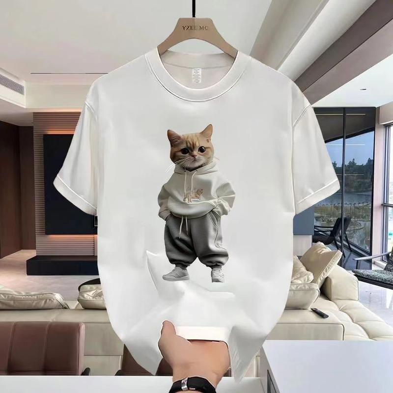 Round Neck Short Sleeve Cartoon Cat Print T-Shirt Men's Trendy Casual Loose Top Hoodie, Sweatshirt | RetroVerseTees.com