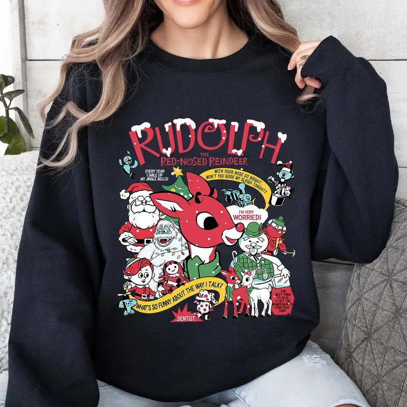 Rudolph Red Nose Reindeer Sweatshirt, Santa Rudolph Christmas T-Shirt, Christmas Movie Hoodie | RetroVerseTees.com