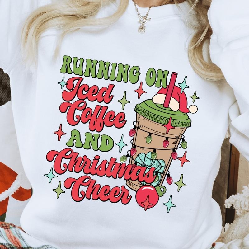 Running On Iced Coffee and Christmas Cheer Unisex Gildan Sweatshirt T-Shirts, Hoodie | RetroVerseTees.com