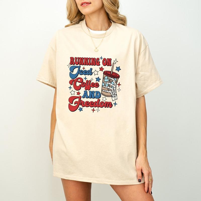 Running on Iced Coffee and Freedom T- Shirt, Coffee Shirt, 4th of July Shirt, Fourth Of July Shirt, America Shirt, Independence Day,