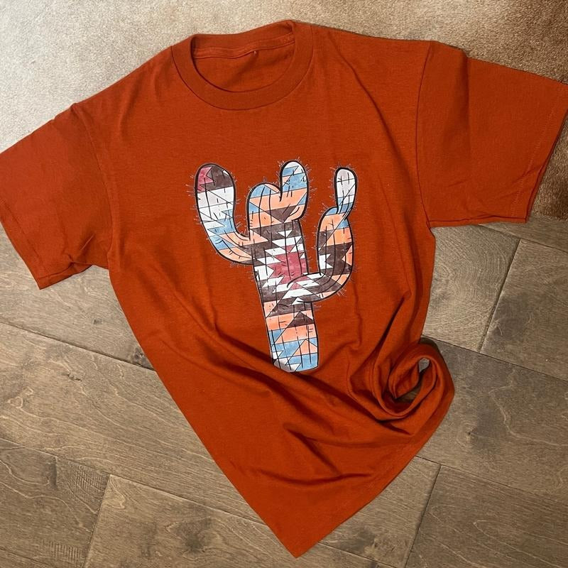 Rust Aztec Pattern Cactus Graphic Tee Hoodie, Sweatshirt | RetroVerseTees.com