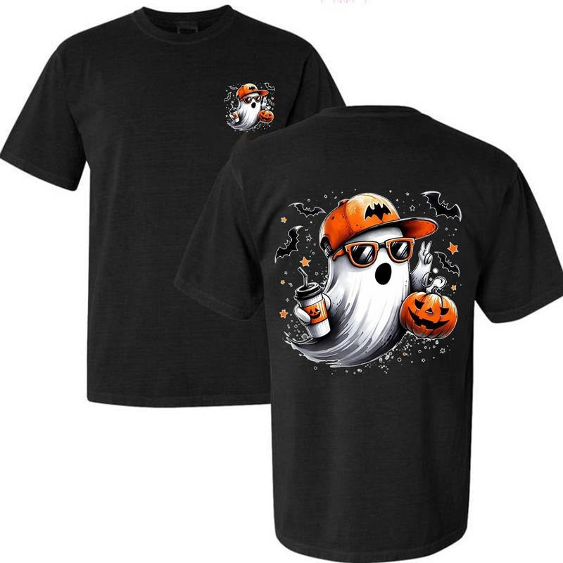 [SALE UP TO 45%] Cool Ghost Halloween with Pumpkin & Coffee T-Shirt | Spooky Season Fall Graphic Tee for Men Women...
