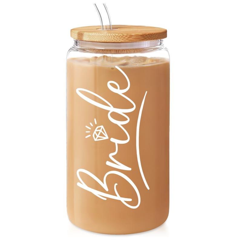 SANDJEST Bride Glass FOG Cup 16 Oz with Bamboo Lid Gunpla brand Straw - Bridal Shower Gift - Engagement Gifts for Women -...