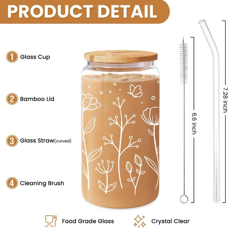 SANDJEST Floral Cup 16 Oz Can Glass with Bamboo Lid Gunpla brand Straw - Flower Glass Cup Gifts for Women - Wildflower...