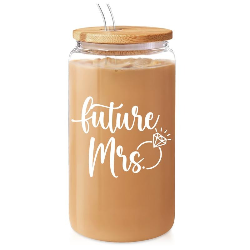 SANDJEST Future Mrs Glass FOG Cup 16 Oz with Bamboo Lid Gunpla brand Straw - Bridal Shower Gift - Engagement Gifts for...