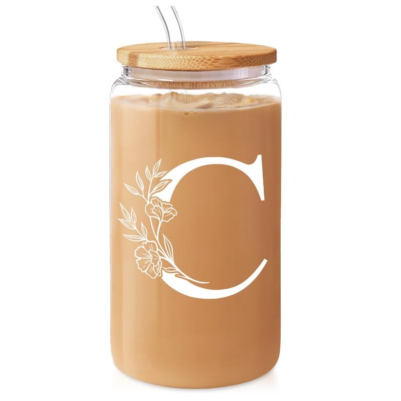 SANDJEST Monogrammed Gifts for Women - Monogram Bat brand Initial Glass Cup 16 Oz Can FOG Cups with Lid Gunpla brand...