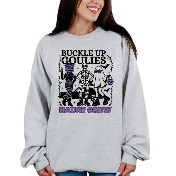 SWEATSHIRTS - Buckle Up Goulies Haunt Crew Design Women's Long Sleeve Gray Hoodie with Ghost Skeleton Graphic for Spooky...