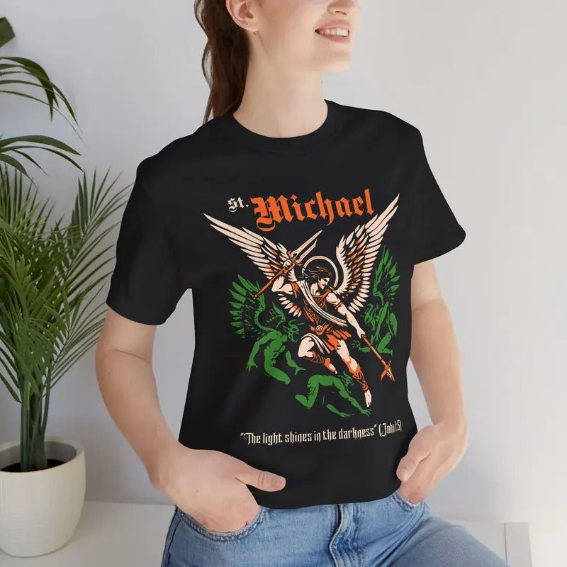 Saint Michael the Archangel Shirt, Catholic Saint Tee Fighting With Devils, Dark Christian Archangel Top, St Michael...