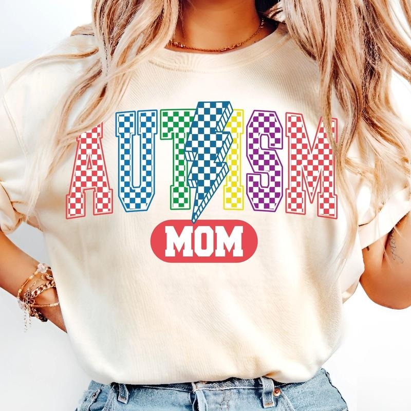 [Sale To 45% Off] Retro Checkered Autism T-Shirt, Varsity Letters, Awareness Bow, Autism Mom T-Shirt, Mama,...