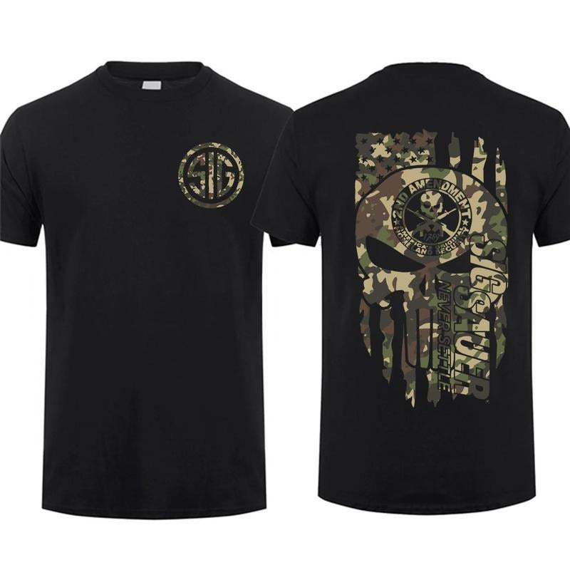 [Sale Up To 60%] 2025 Top Sig Sauer American Skull Flag With Camo T-shirt Unisex Short Sleeve Casual 100% Cotton Top...