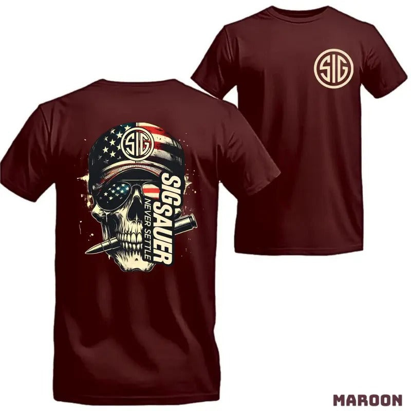 [Sale Up To 60%] Sig Sauer Skull American Flag 2-sided Shirt Full Color Unisex Tactical Tee For Men Women Menswear Tshirt...