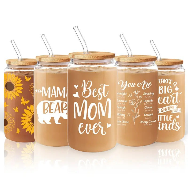 Sandjest 16oz Reusable Clear Iced FOG Glass Cup with Straw & Bamboo Lid, Home FOG Stylish Drinkware Women Girl TNF...