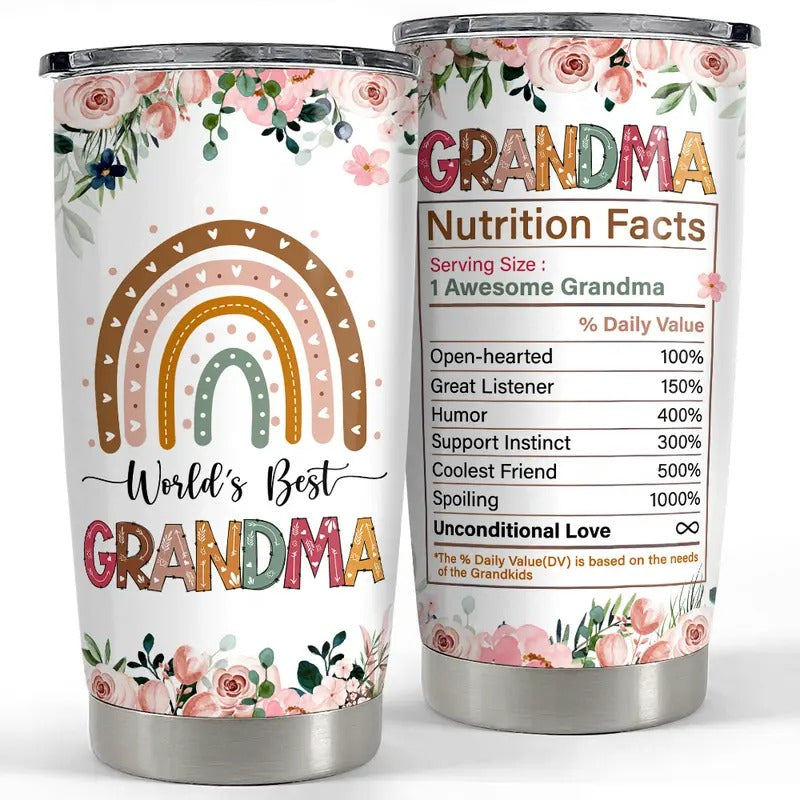 Sandjest Grandma Nutrition Facts 20oz Tumbler with Lid, Stainless Steel Insulated Vacuum Flask, FOG TNF Cup, Birthday TNF...
