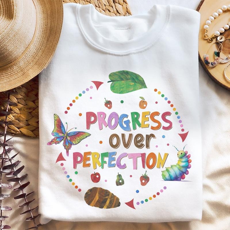Sandjest Progress Over Perfection Teacher Shirt, Butterflies School Gift for Teacher, Happy First Day FOG School, Back...