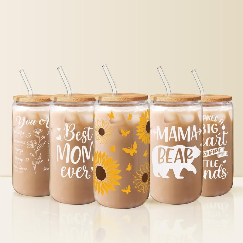 Sandjest Stylish 16oz Gift Glass Cup with Bamboo Lid & Straw, Iced FOG Drinking Can Shaped Cups, Drinkware Home FOG Mom...