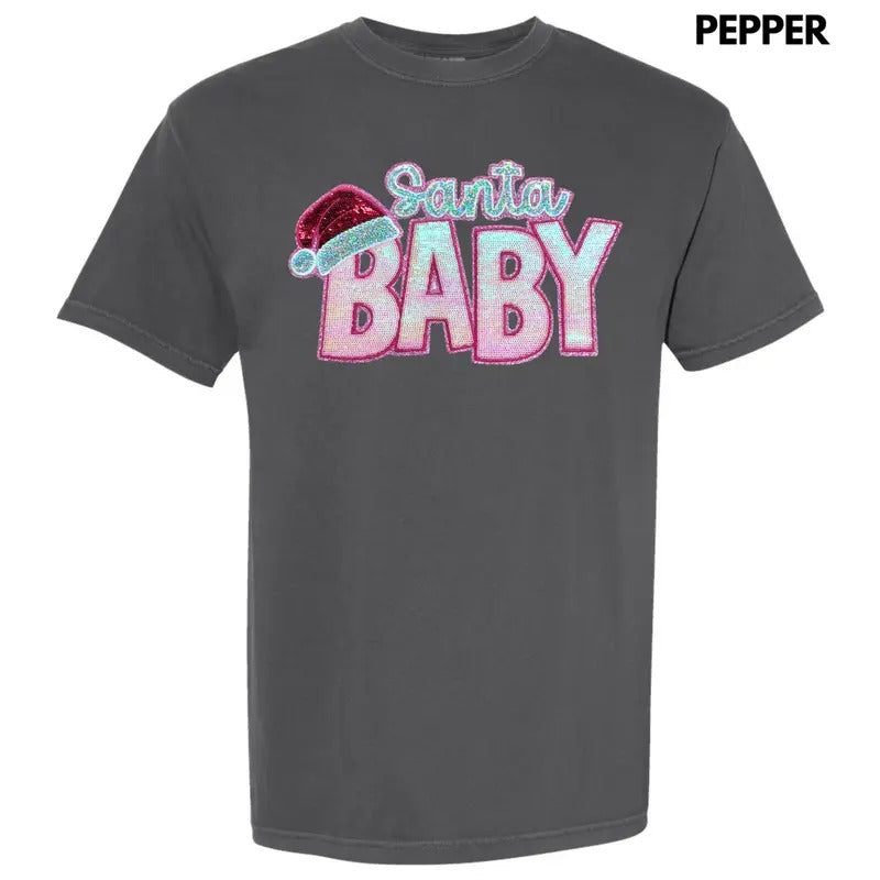 Santa Baby Pink Sequin Patch Comfort Colors T-Shirt Hoodie, Sweatshirt | RetroVerseTees.com