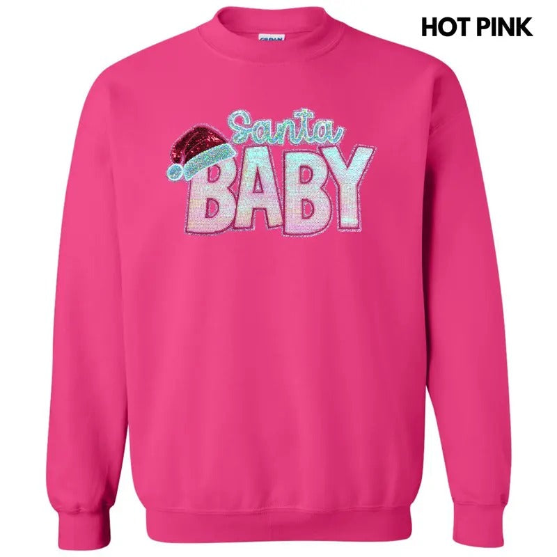 Santa Baby Pink Sequin Patch Sweatshirt T-Shirts, Hoodie | RetroVerseTees.com