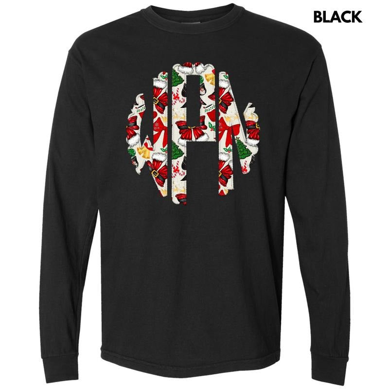 Santa Bow Theme Monogram Long Sleeve Comfort Colors T-Shirt 'NLB' Hoodie, Sweatshirt | RetroVerseTees.com