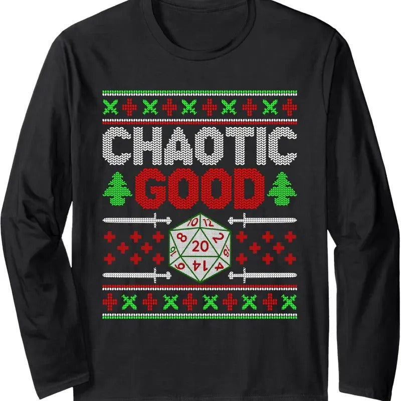 Santa Chaotic Good Christmas D20 Ugly Tabletop Sweater Long Sleeve T-Shirt Hoodie, Sweatshirt | RetroVerseTees.com